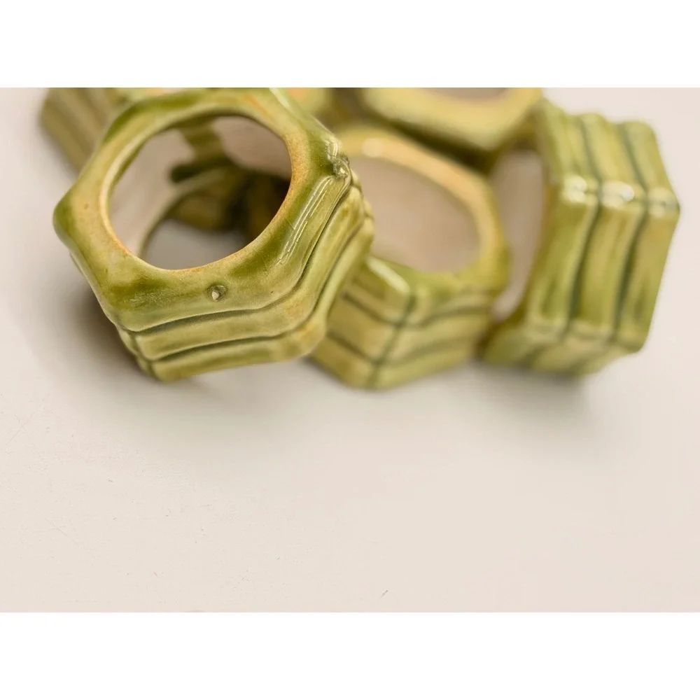 Vintage Green Faux Bamboo Ceramic Napkin Rings Set  5 Hexagon Chinoiserie Glazed